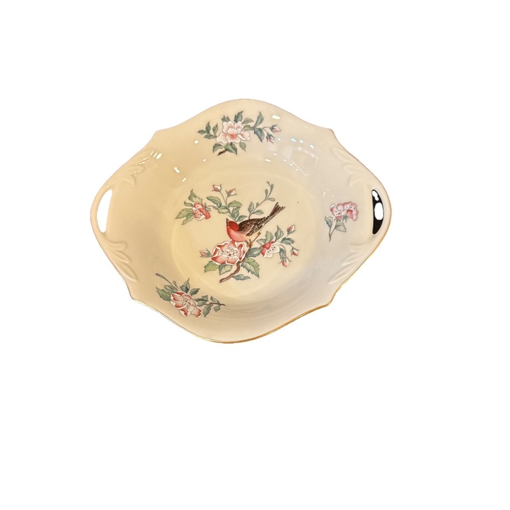 Lenox Serenade Open Candy Dish 6131128 Made In USA Open Handles Birds‎ Flowers